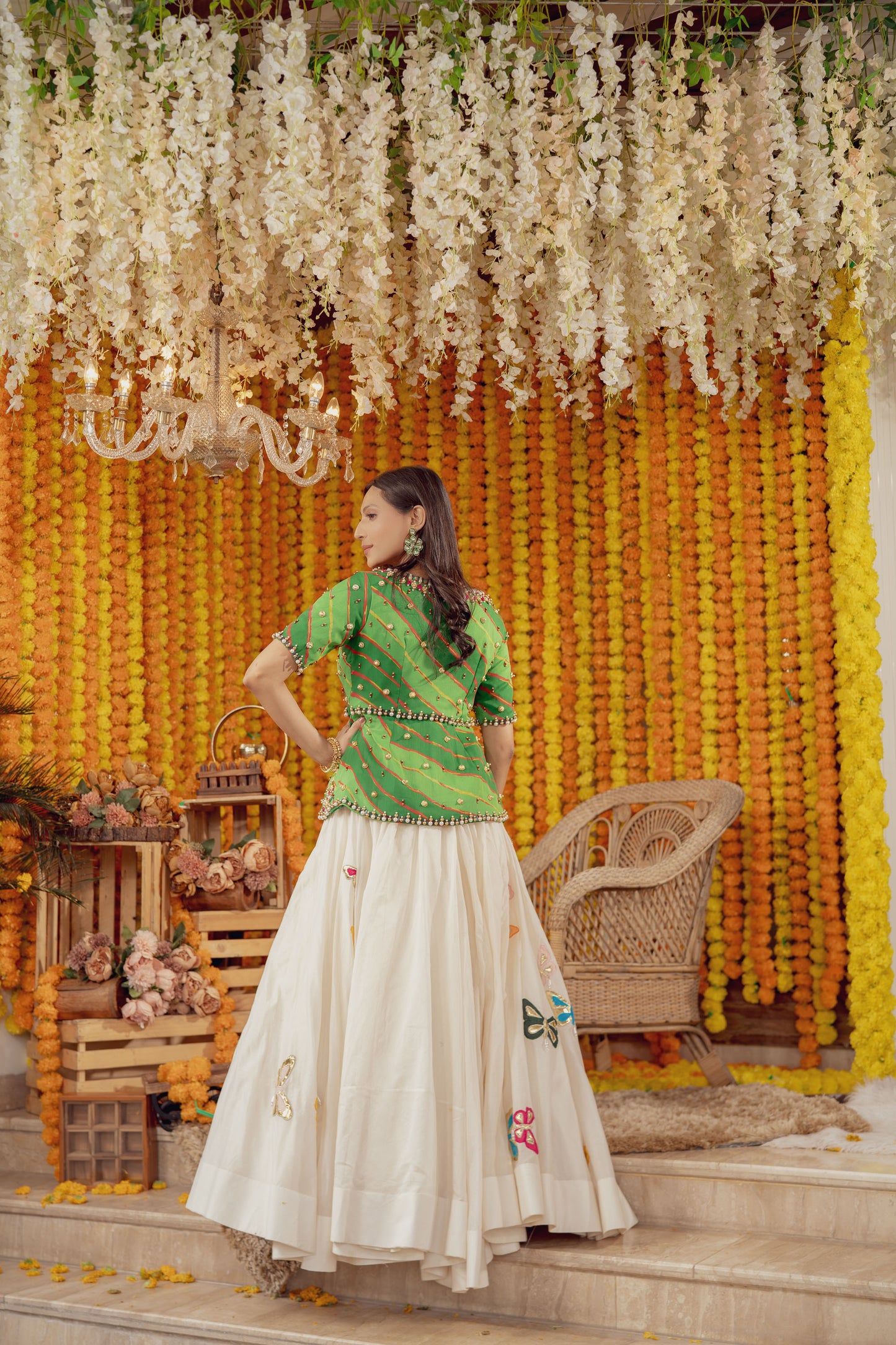 GREEN LEHERIYA EMBELLISHED LEHENGA SET (7777741603062)