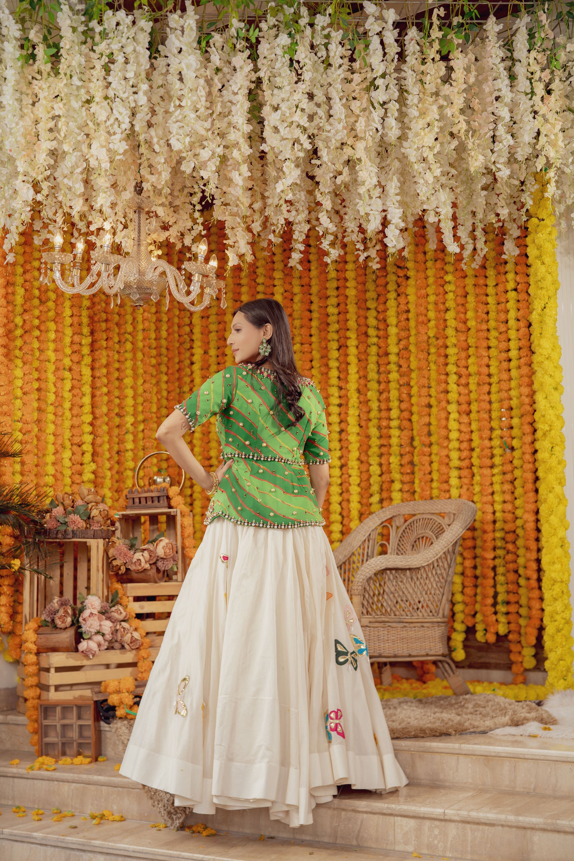 GREEN LEHERIYA EMBELLISHED LEHENGA SET (7777741603062)