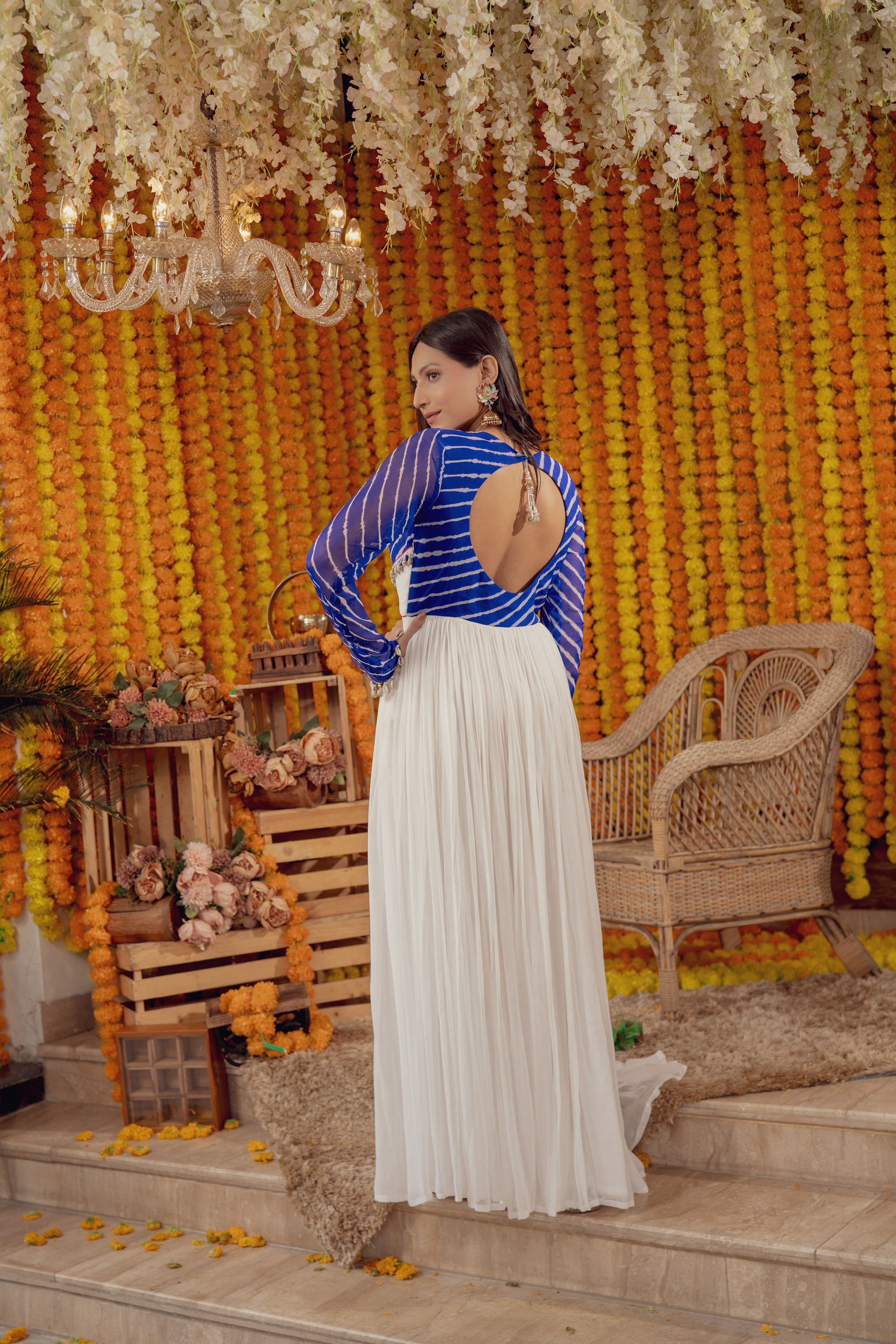 BLUE LEHERIYA EMBELLISHED FIT AND FLARE DRESS (7777754317046)