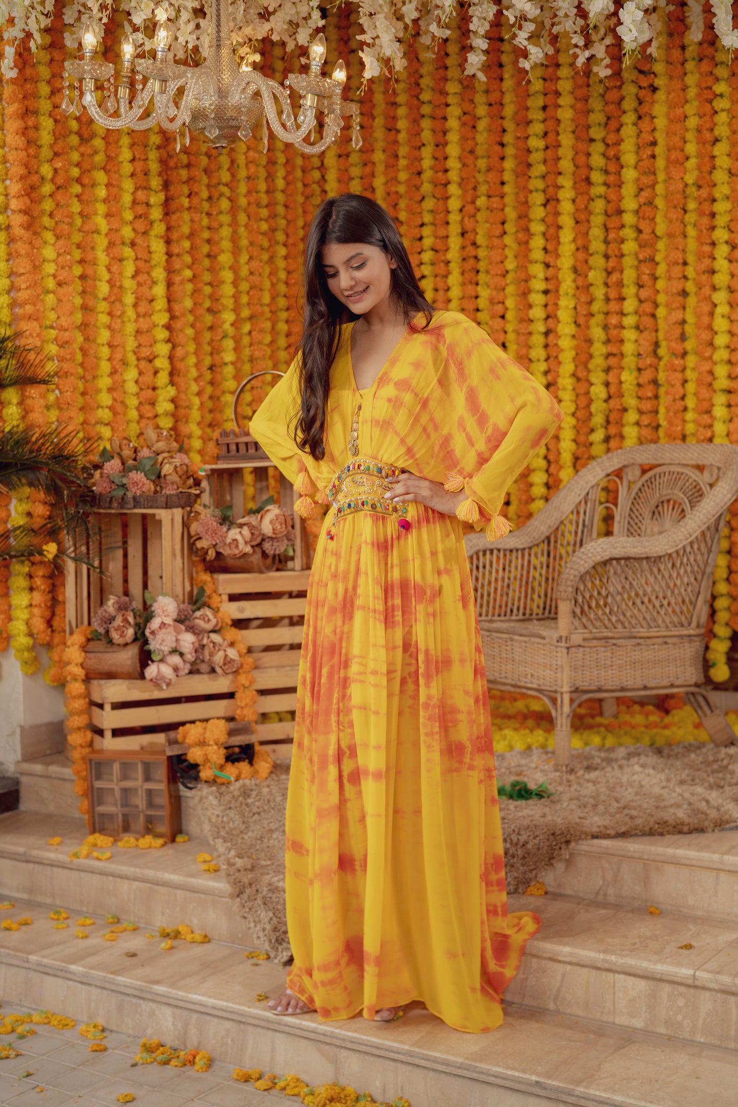 MUSTARD TIE DYE KAFTAN EMBELLISHED DRESS (7778409611510)