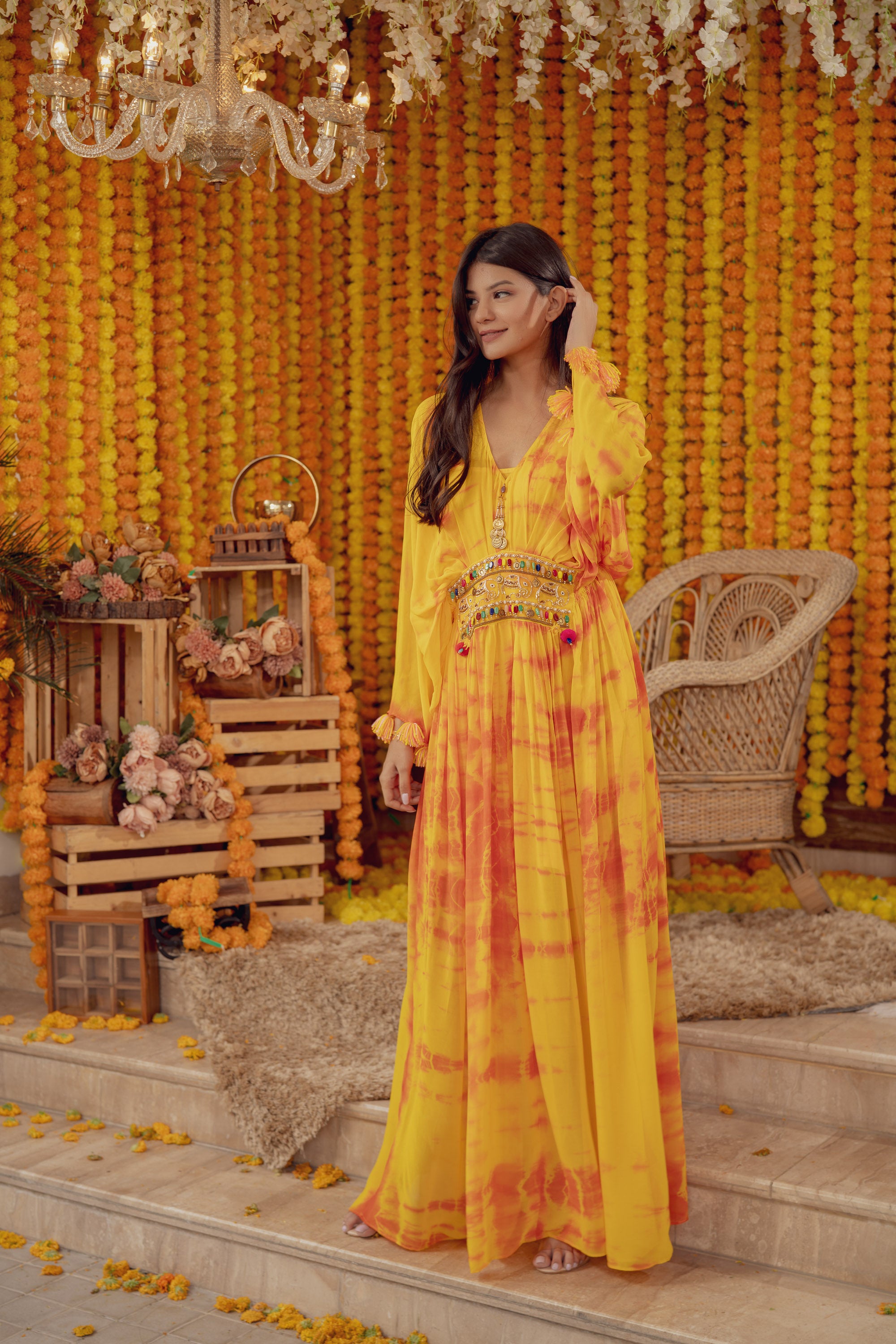MUSTARD TIE DYE KAFTAN EMBELLISHED DRESS (7778409611510)
