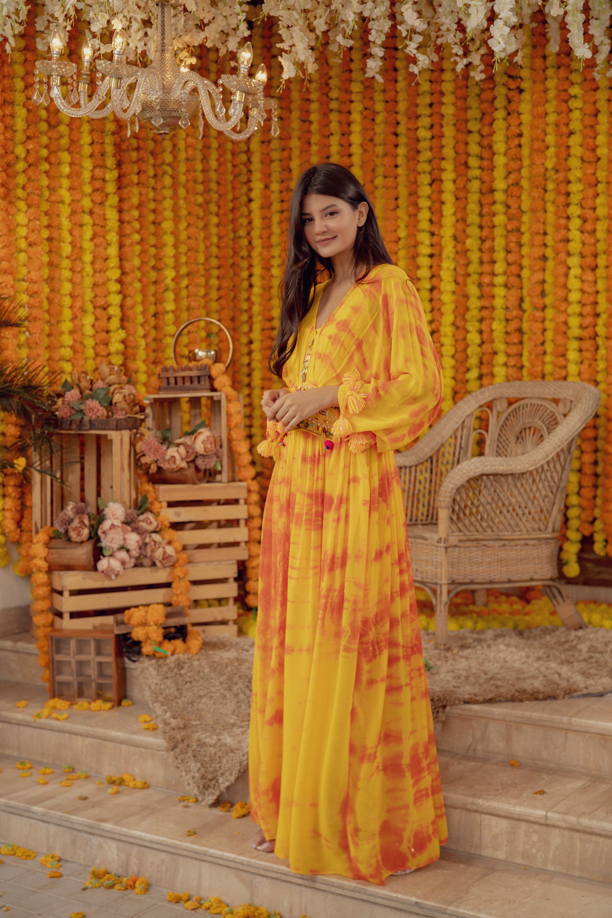 MUSTARD TIE DYE KAFTAN EMBELLISHED DRESS (7778409611510)