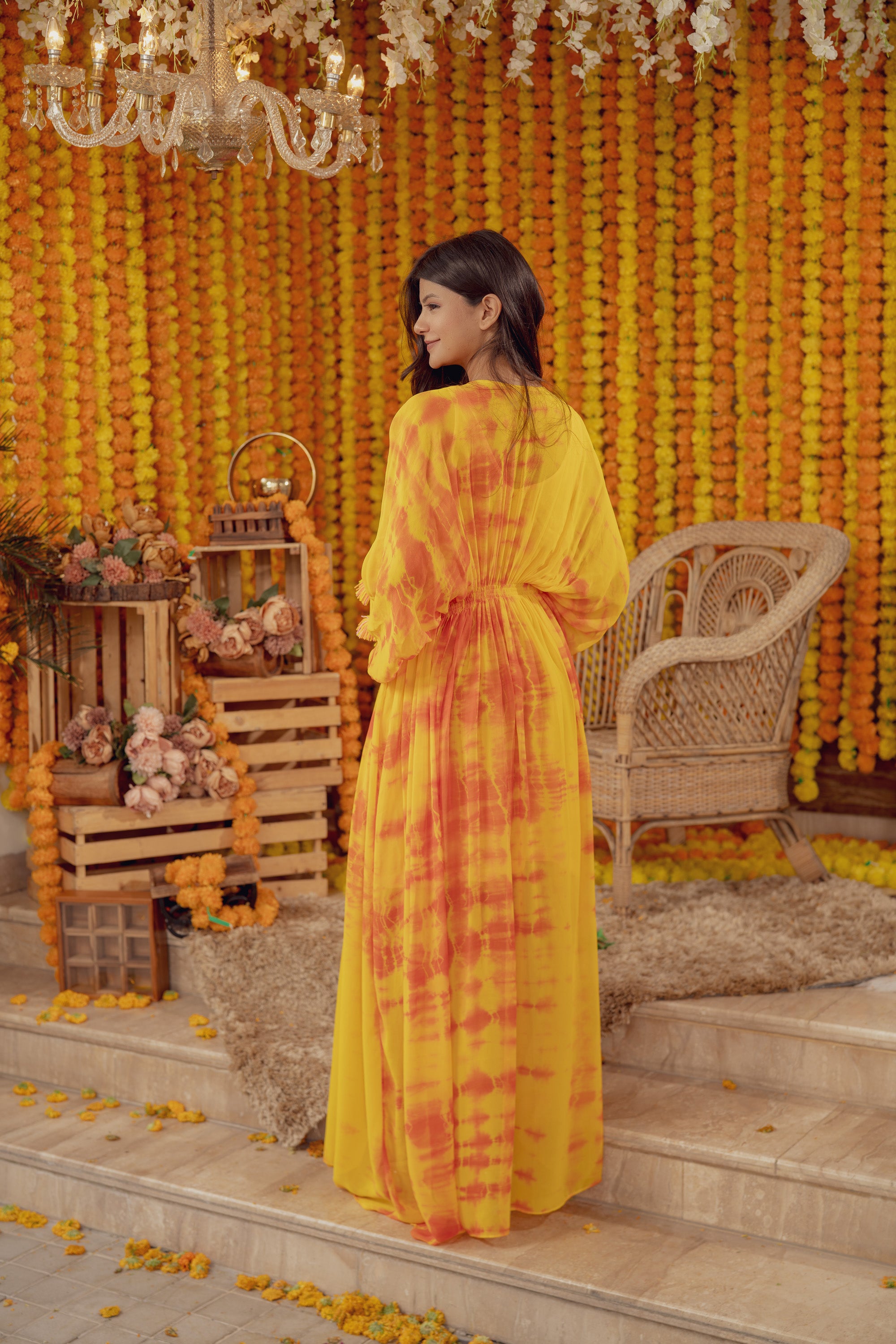 MUSTARD TIE DYE KAFTAN EMBELLISHED DRESS (7778409611510)