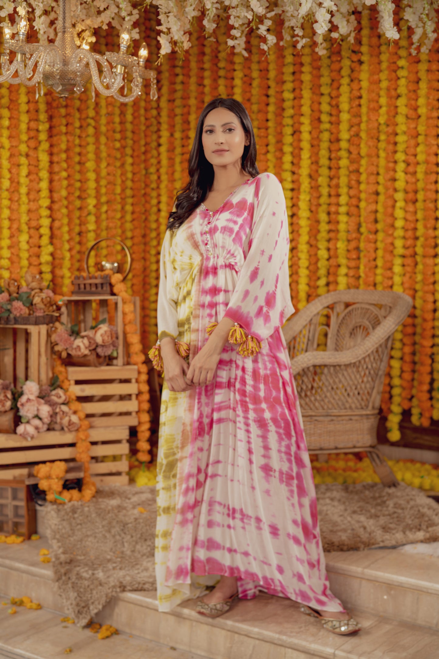 PINK TIE DYE EMBELLISHED KAFTAN DRESS (7778414002422)