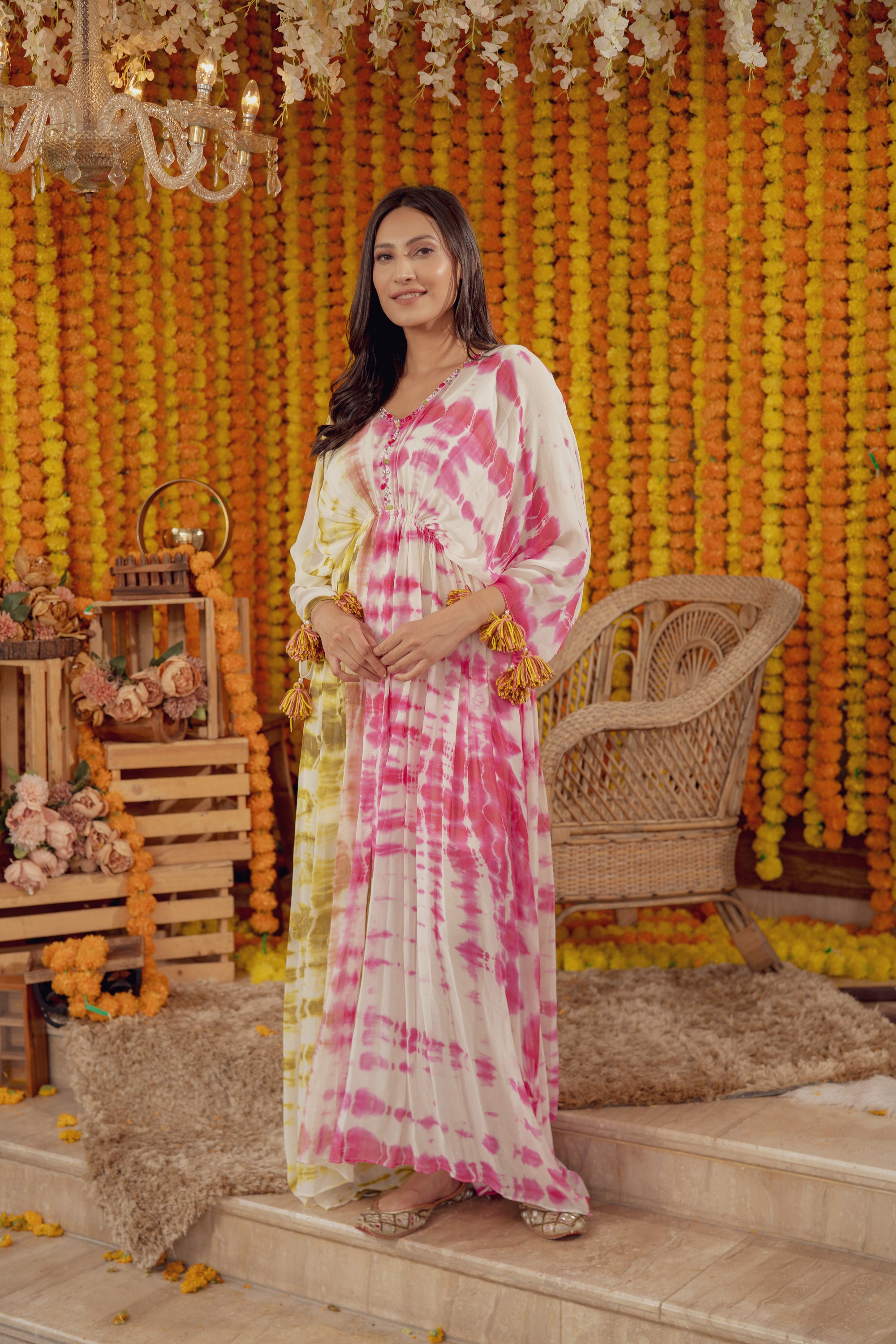 PINK TIE DYE EMBELLISHED KAFTAN DRESS (7778414002422)