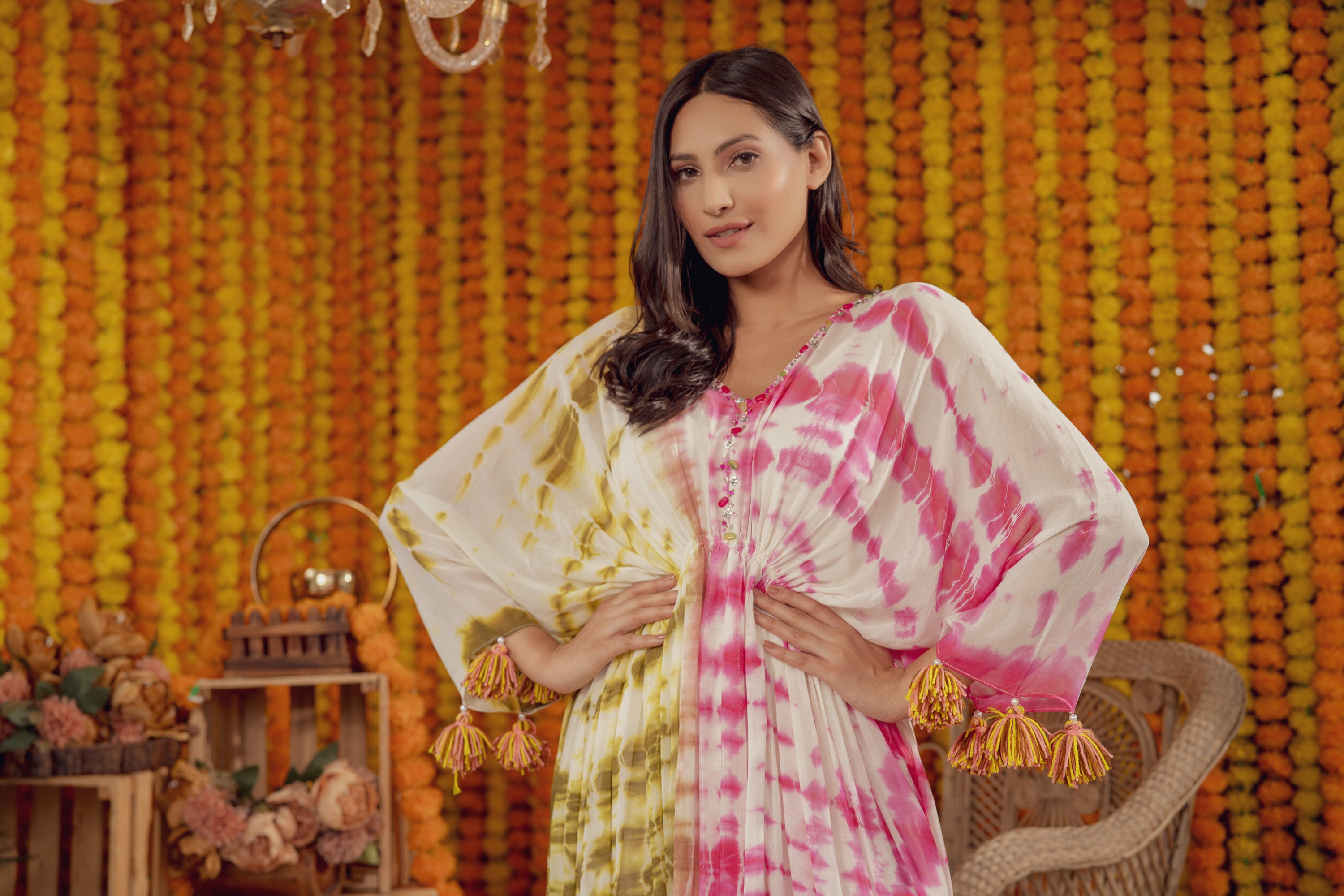 PINK TIE DYE EMBELLISHED KAFTAN DRESS (7778414002422)