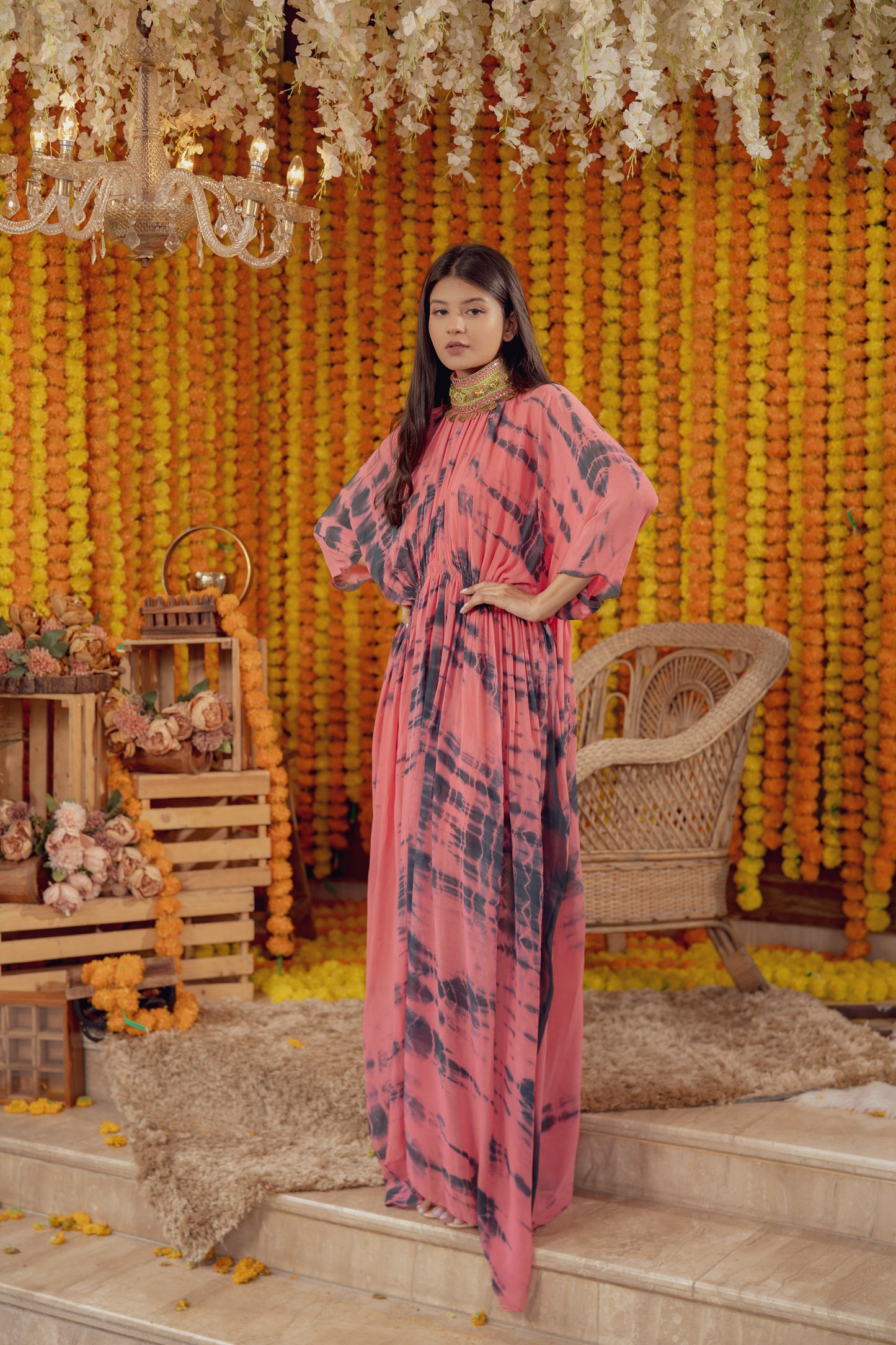 PINK TIE DYE HIGH NECK EMBELLISHED KAFTAN DRESS (7778417246454)