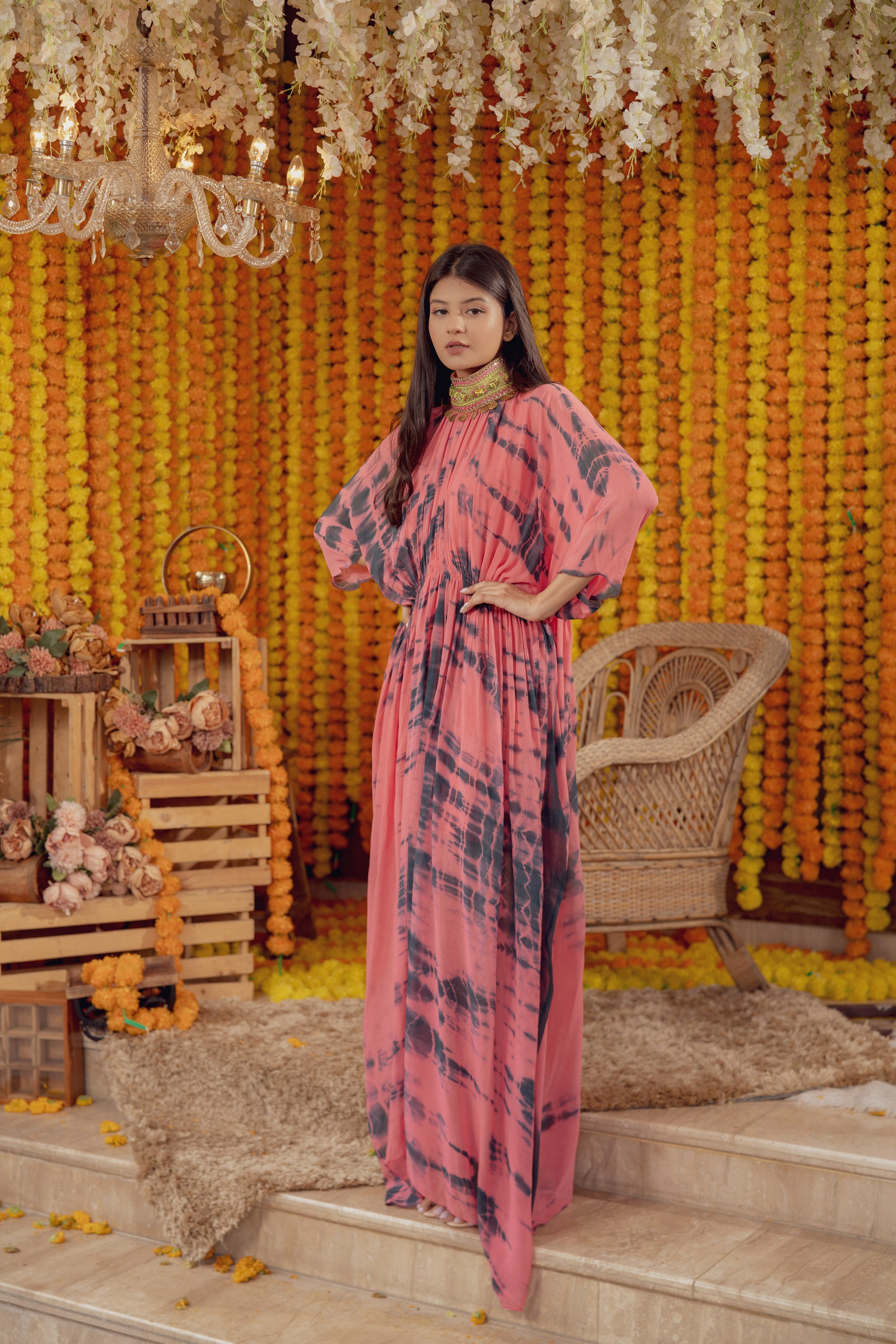 PINK TIE DYE HIGH NECK EMBELLISHED KAFTAN DRESS (7778417246454)