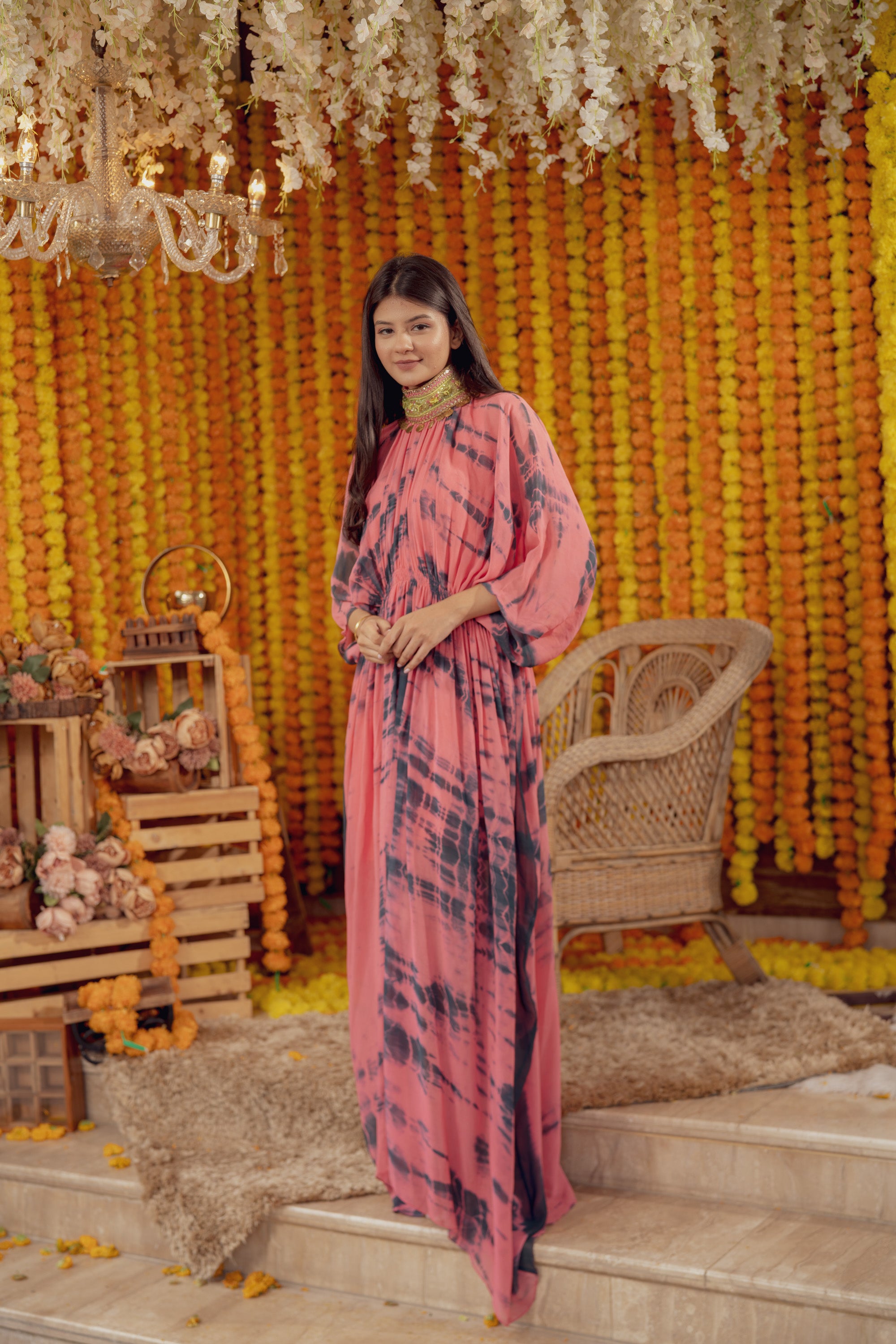 PINK TIE DYE HIGH NECK EMBELLISHED KAFTAN DRESS (7778417246454)