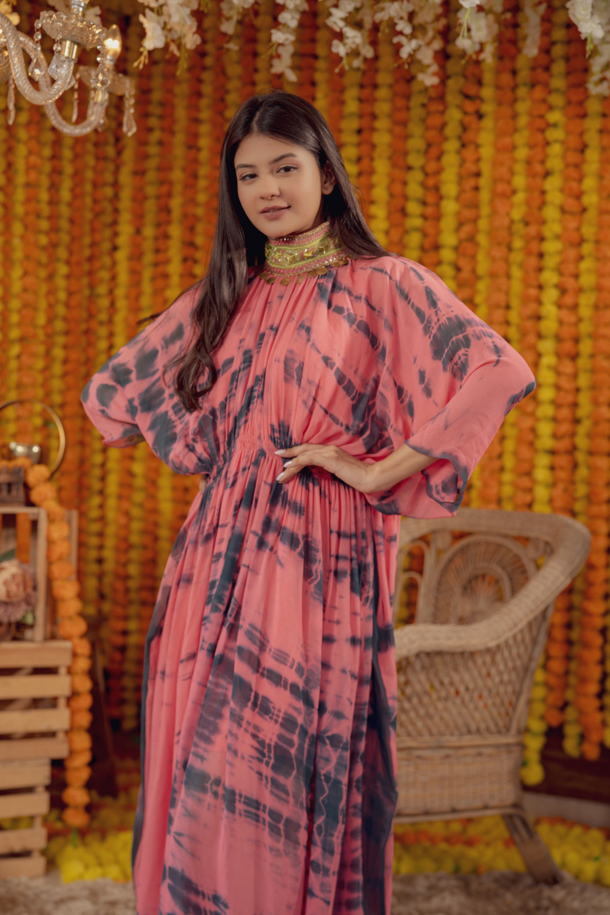 PINK TIE DYE HIGH NECK EMBELLISHED KAFTAN DRESS (7778417246454)