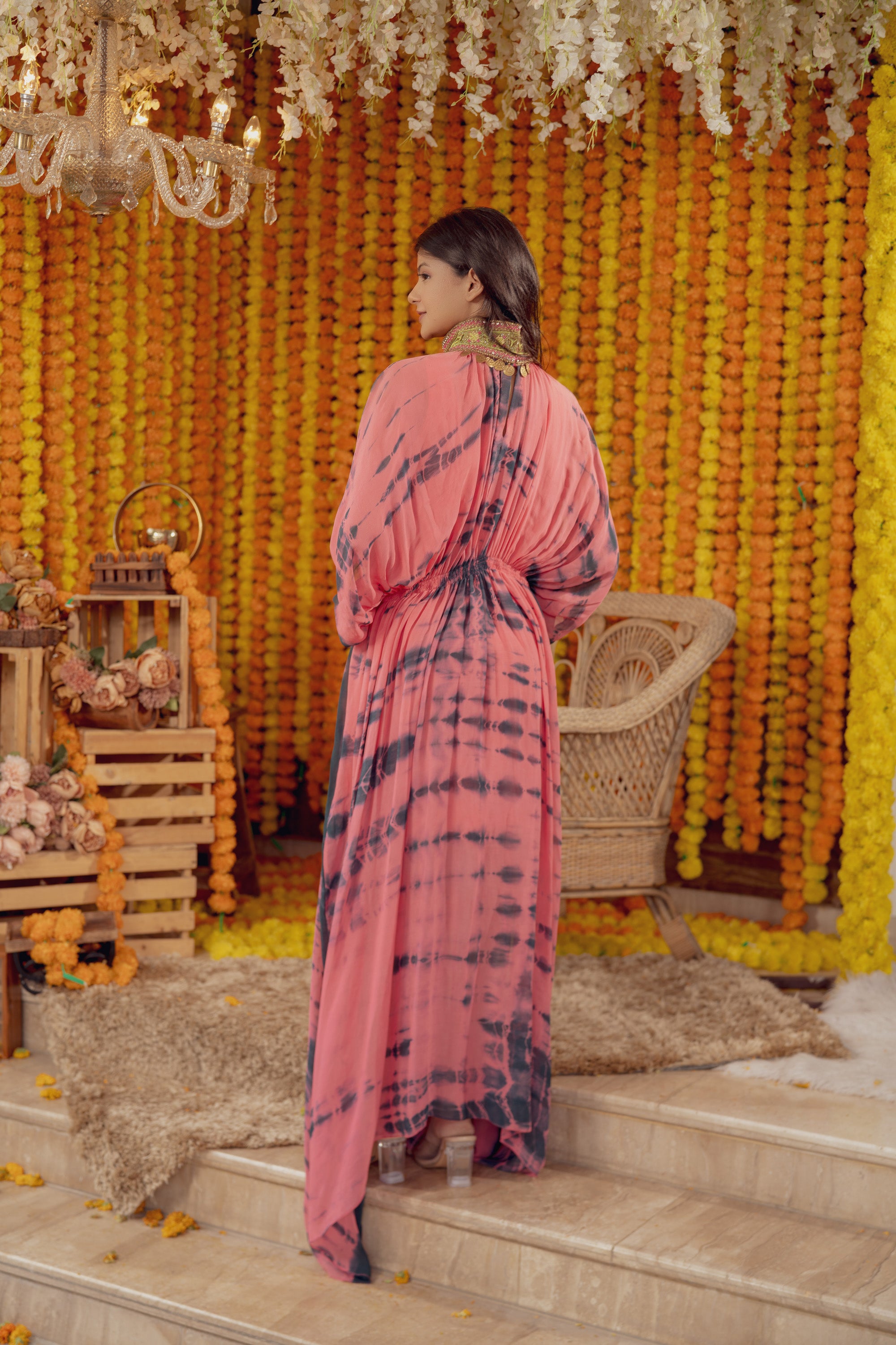 PINK TIE DYE HIGH NECK EMBELLISHED KAFTAN DRESS (7778417246454)