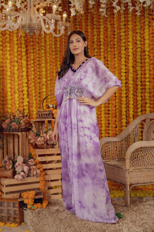 PURPLE TIE DYE EMBELLISHED KAFTAN DRESS (7778424619254)