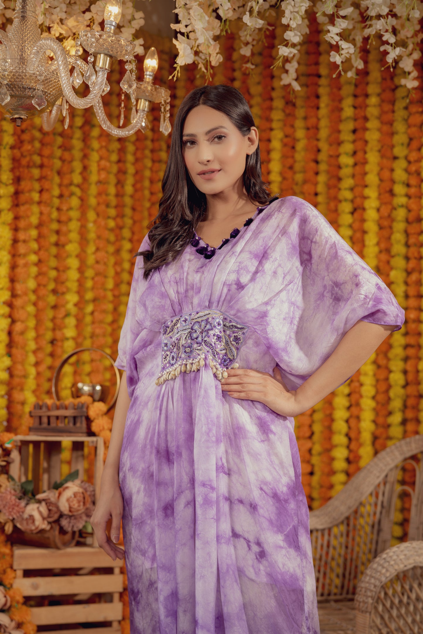 PURPLE TIE DYE EMBELLISHED KAFTAN DRESS (7778424619254)