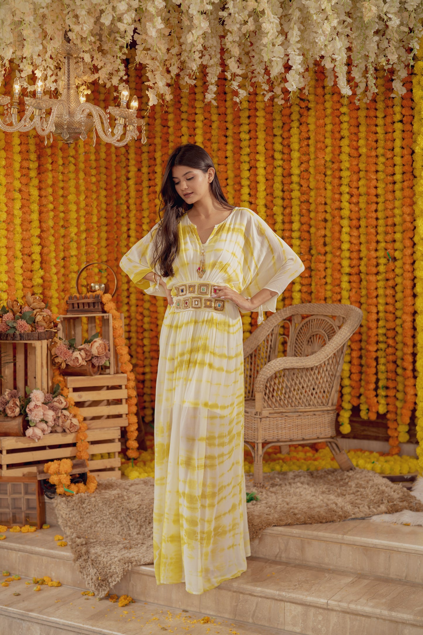 YELLOW TIE DYE EMBELLISHED KAFTAN DRESS (7778426257654)