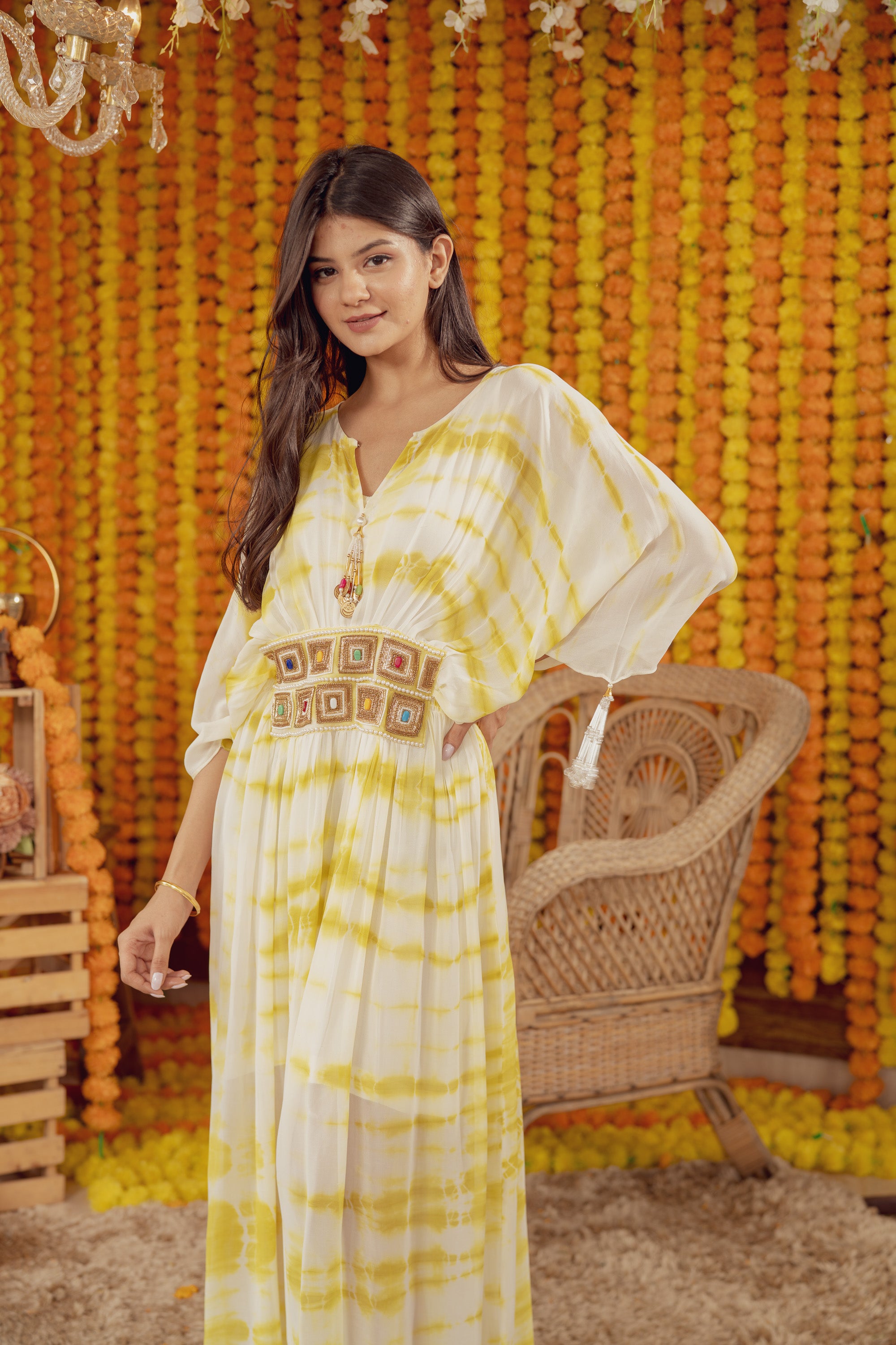 YELLOW TIE DYE EMBELLISHED KAFTAN DRESS (7778426257654)