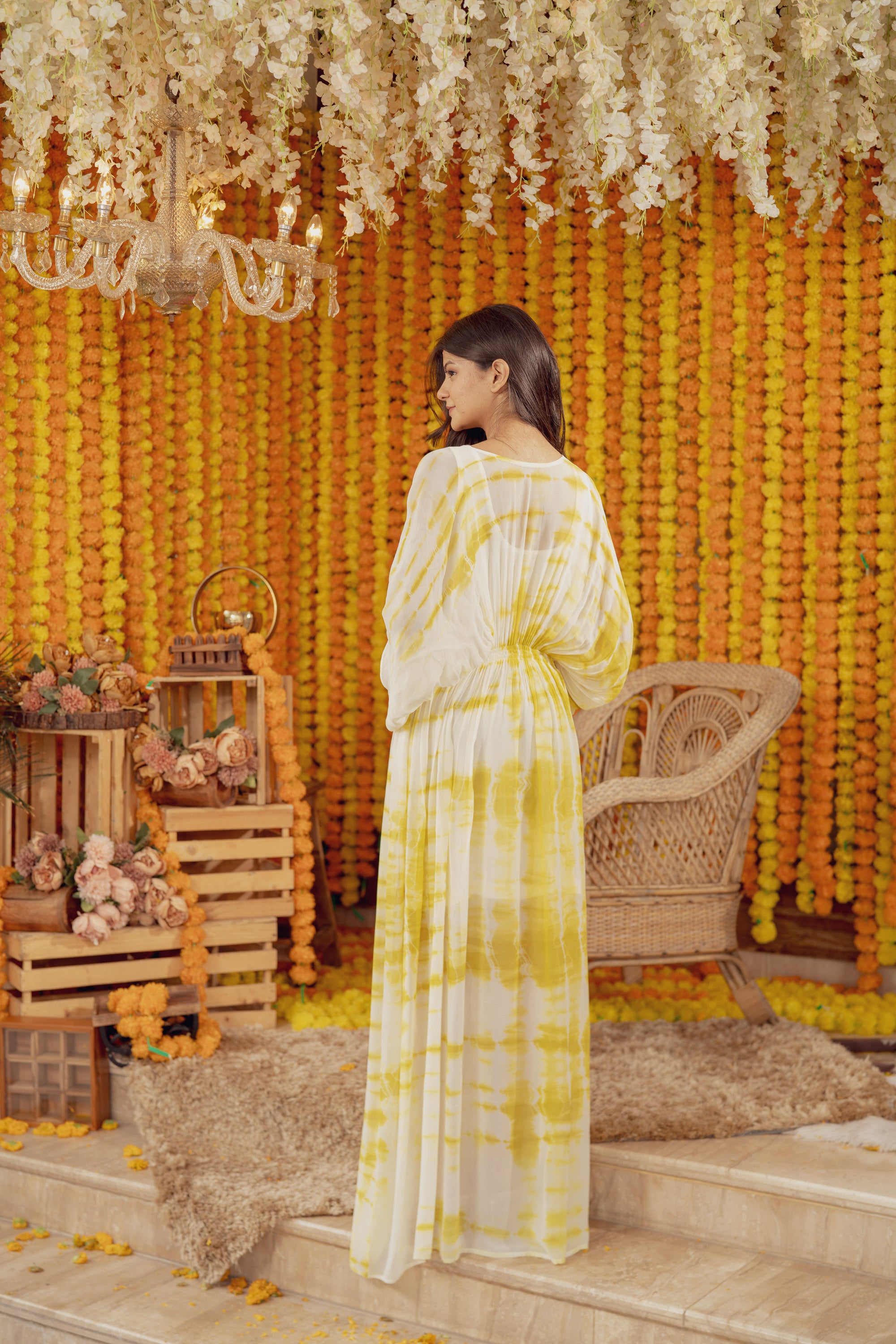 YELLOW TIE DYE EMBELLISHED KAFTAN DRESS (7778426257654)