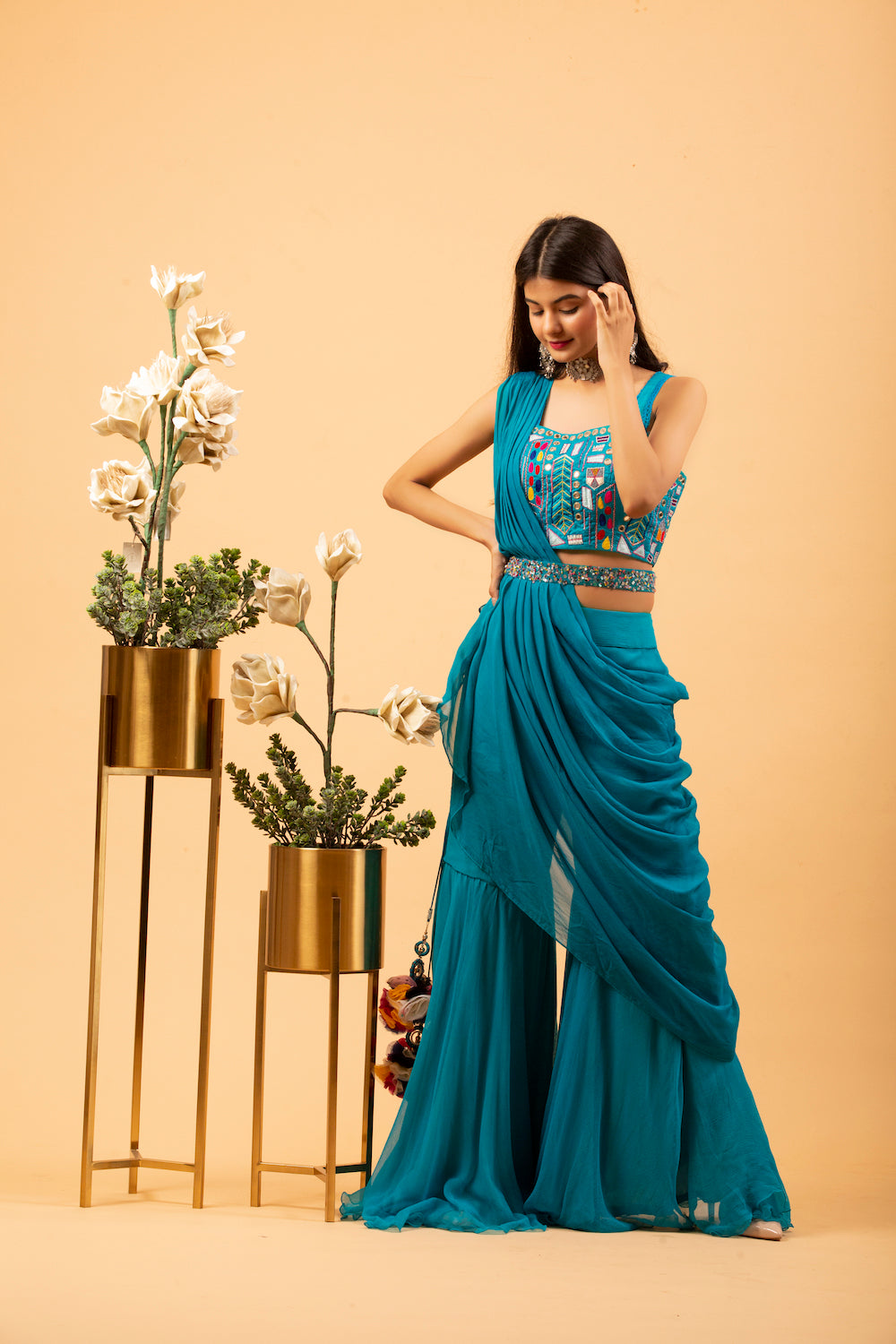 Blue Sharara Set With Drape Jacket (7574614311158)