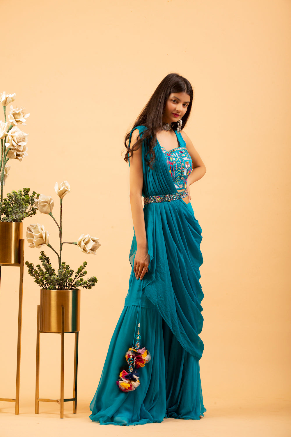 Blue Sharara Set With Drape Jacket (7574614311158)
