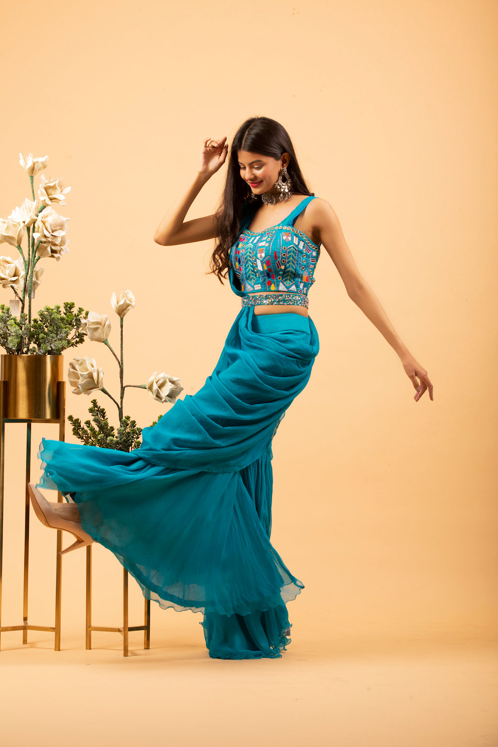 Blue Sharara Set With Drape Jacket (7574614311158)