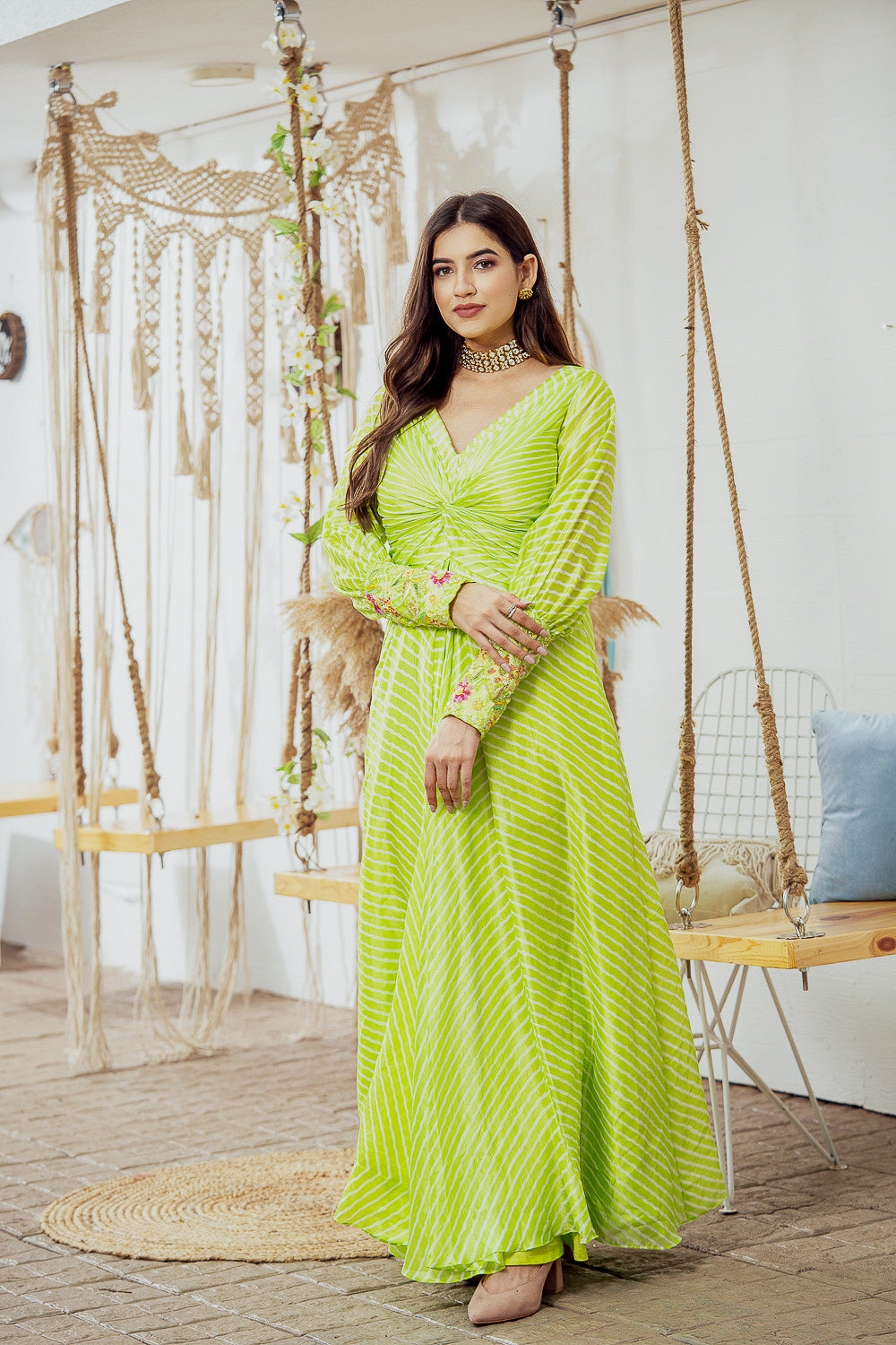 Mint Green Leheriya Maxi Dress With A Front Knot Detail And Features Embroidery Detail On The Cuffs (7765870280950)