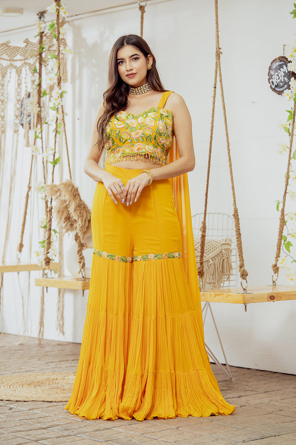 Mustard Embellished Draped Blouse With Flared Gharara Pants (7765870903542)