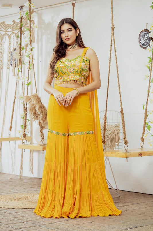 Mustard Embellished Draped Blouse With Flared Gharara Pants (7765870903542)