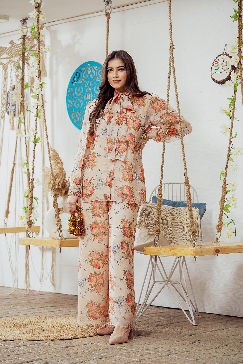 Beige Floral Embellished Bow Top With Wide Leg Pants (7765868380406)