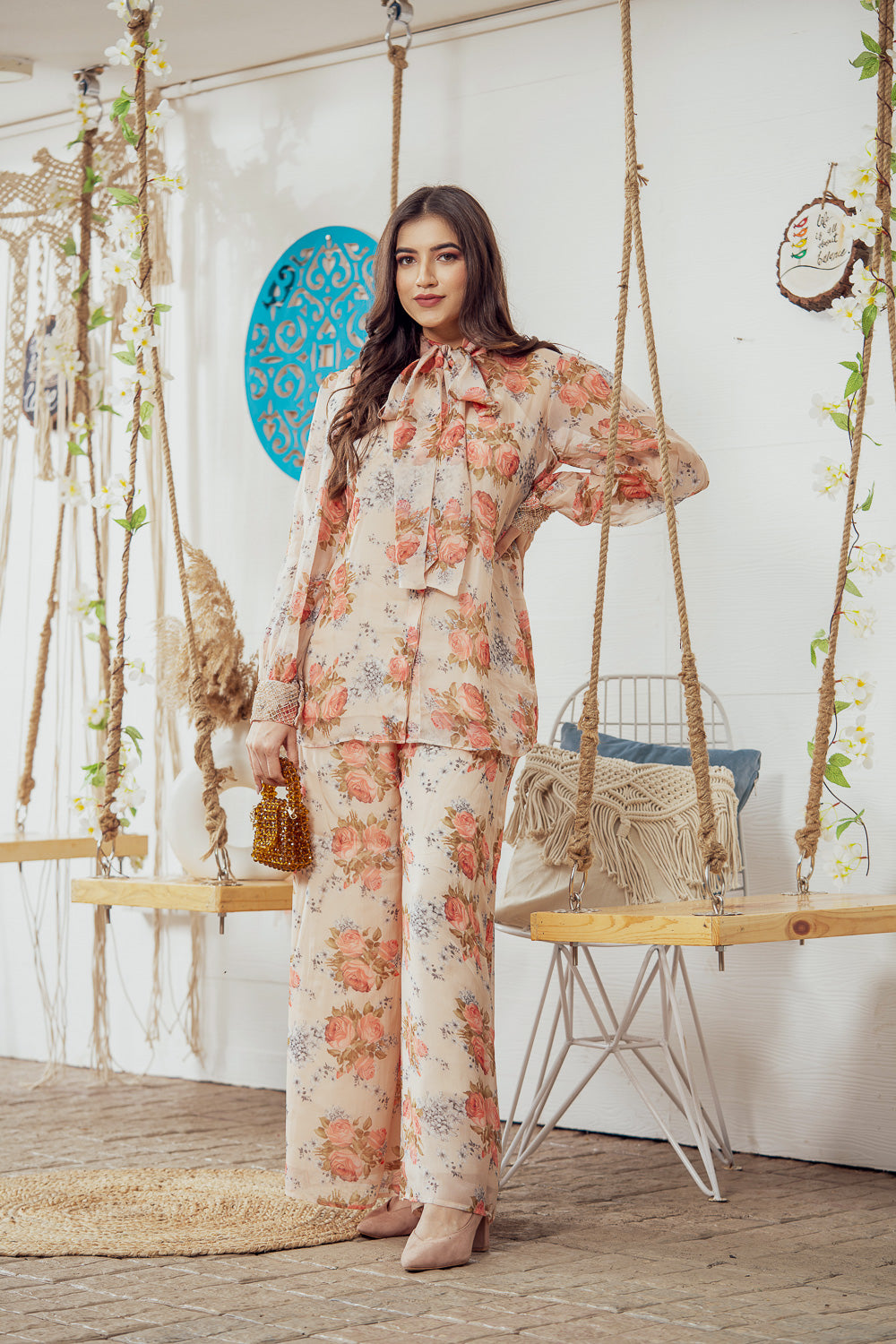 Beige Floral Embellished Bow Top With Wide Leg Pants (7765868380406)