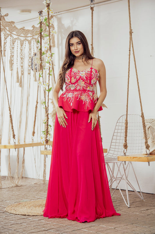 Fuchsia Floral Embellished Peplum Top With Sharara Pants (7765868970230)