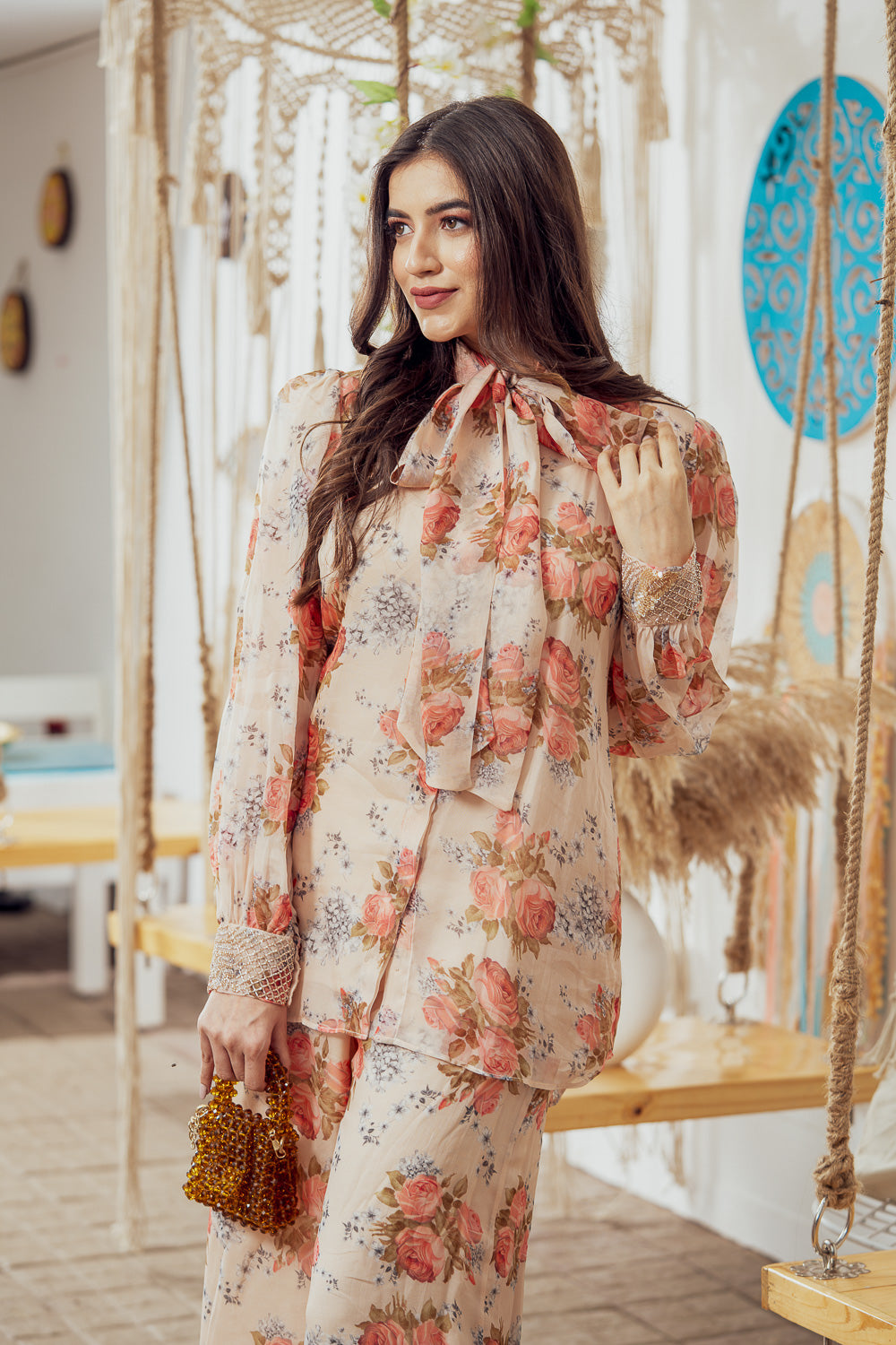 Beige Floral Embellished Bow Top With Wide Leg Pants (7765868380406)