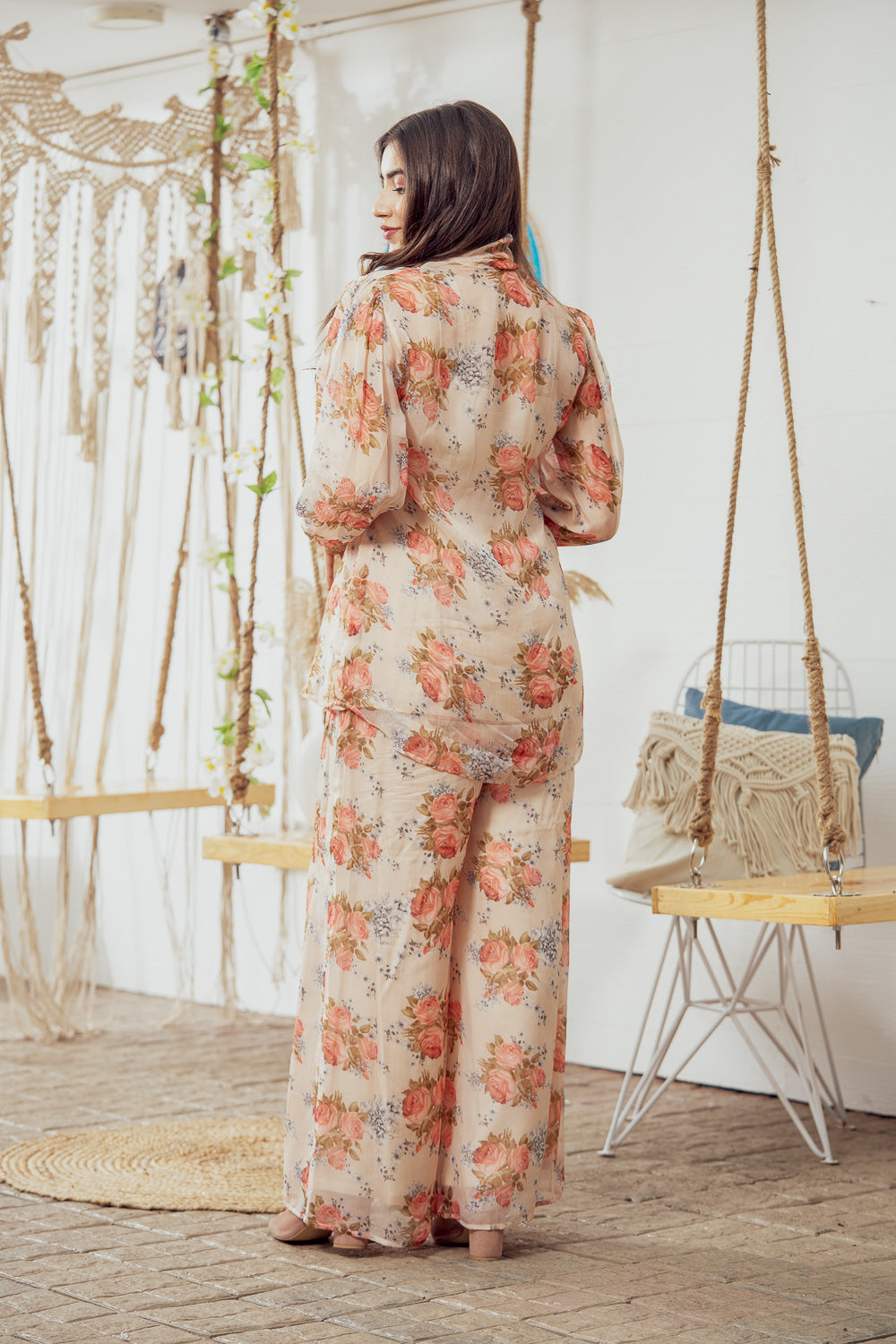 Beige Floral Embellished Bow Top With Wide Leg Pants (7765868380406)