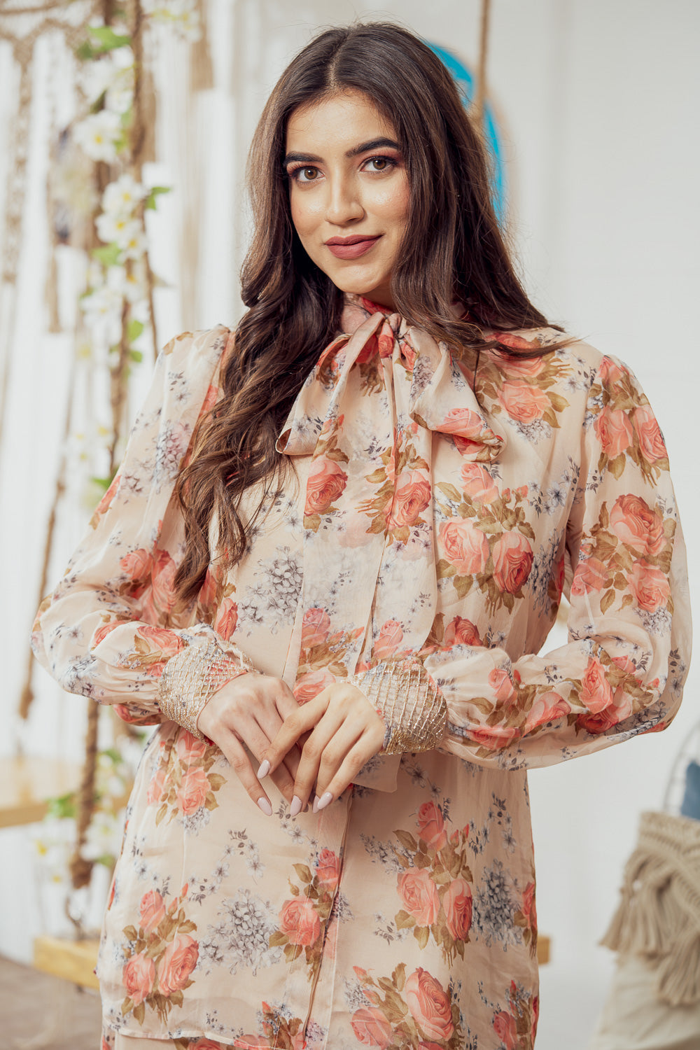 Beige Floral Embellished Bow Top With Wide Leg Pants (7765868380406)