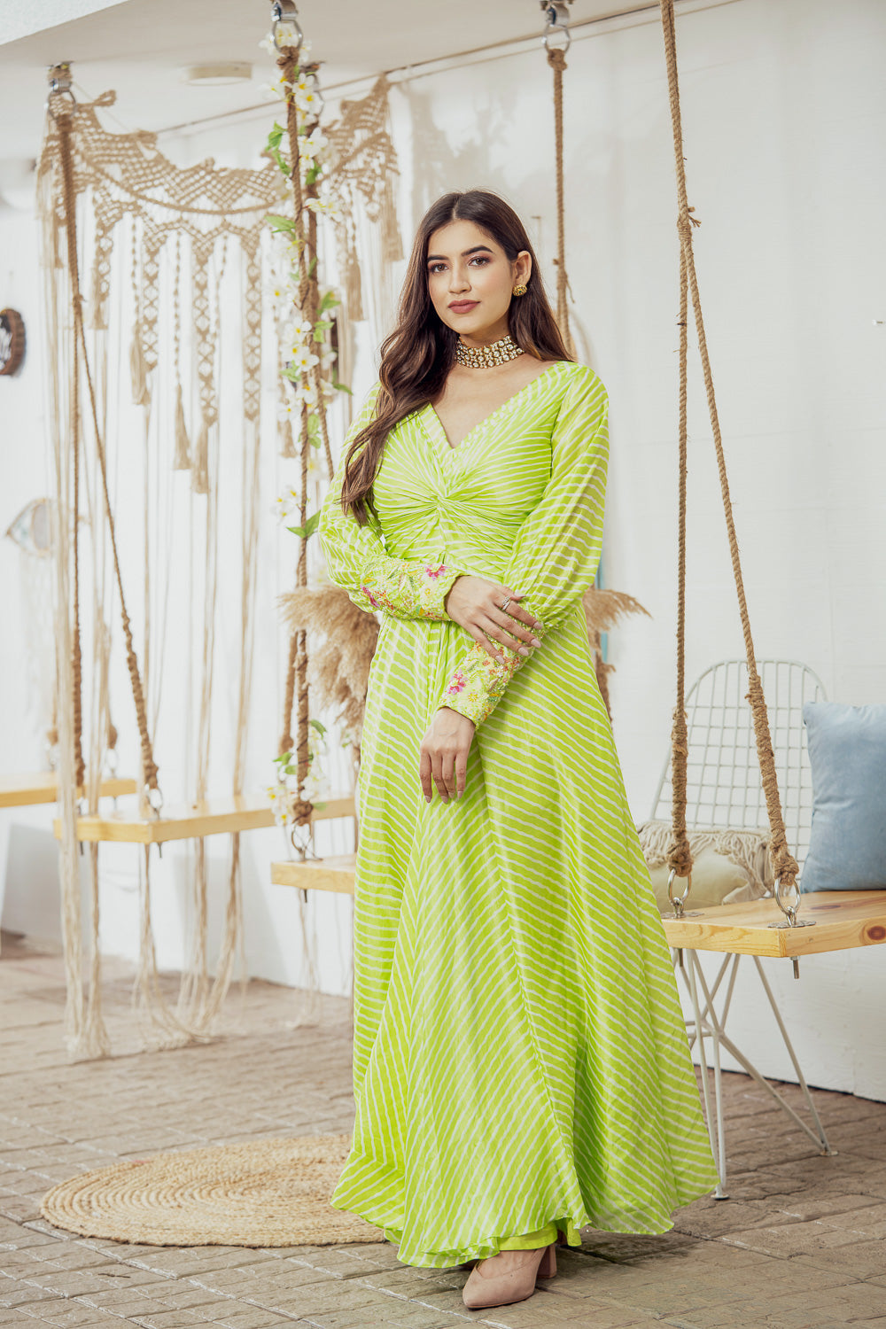 Mint Green Leheriya Maxi Dress With A Front Knot Detail And Features Embroidery Detail On The Cuffs (7765870280950)