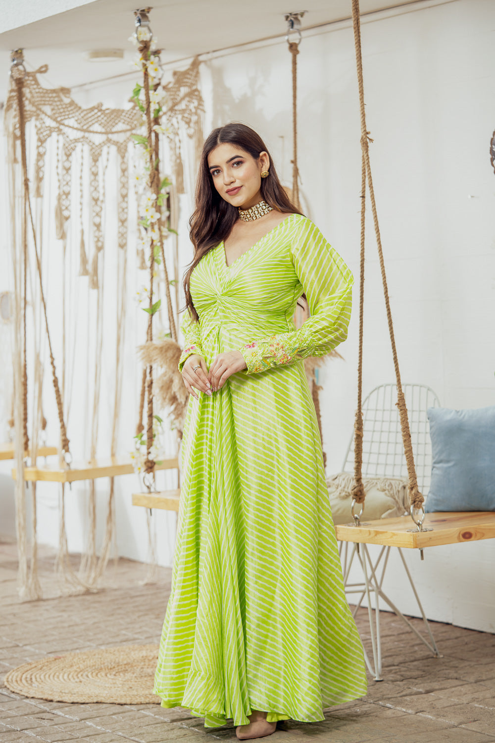 Mint Green Leheriya Maxi Dress With A Front Knot Detail And Features Embroidery Detail On The Cuffs (7765870280950)