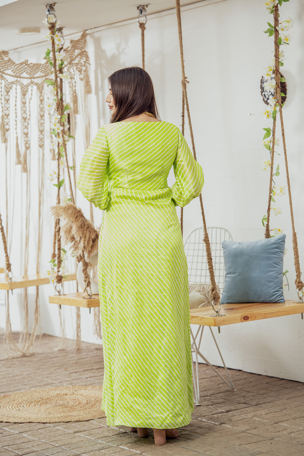 Mint Green Leheriya Maxi Dress With A Front Knot Detail And Features Embroidery Detail On The Cuffs (7765870280950)