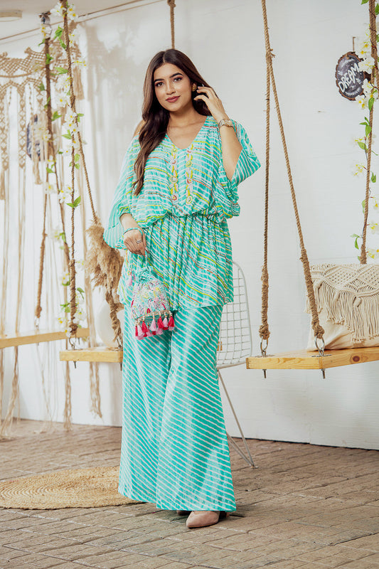 Turquoise Emnbellished Kaftan Top With Wide Leg Pants. (7765869658358)