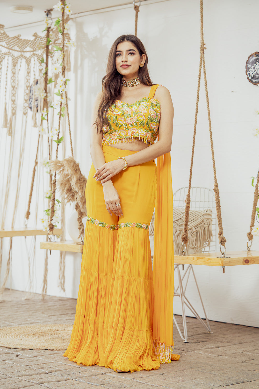 Mustard Embellished Draped Blouse With Flared Gharara Pants (7765870903542)