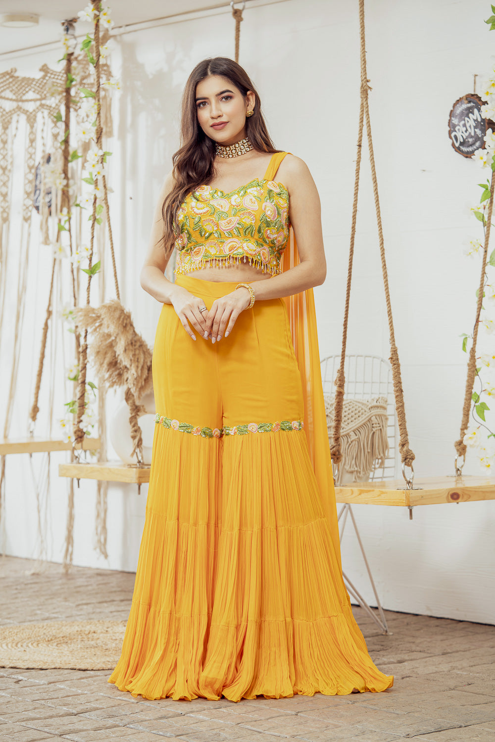 Mustard Embellished Draped Blouse With Flared Gharara Pants (7765870903542)