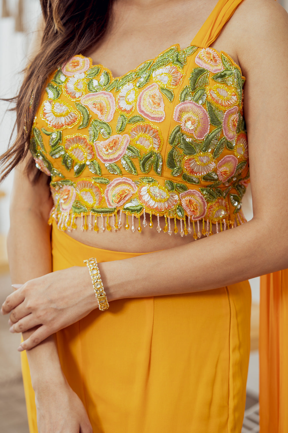 Mustard Embellished Draped Blouse With Flared Gharara Pants (7765870903542)