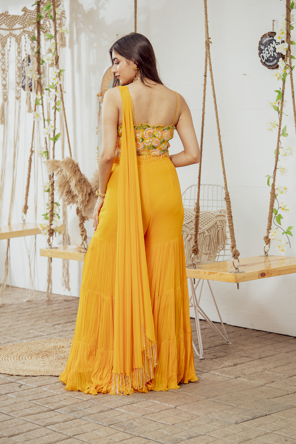Mustard Embellished Draped Blouse With Flared Gharara Pants (7765870903542)