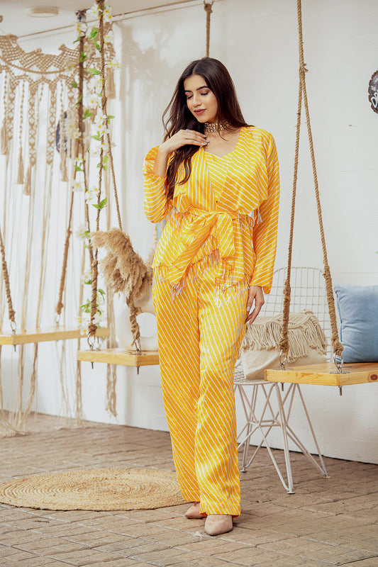 Coral Leheriya Flap Top With Tie-Up Belt And Wide Leg Pants (7765872509174)