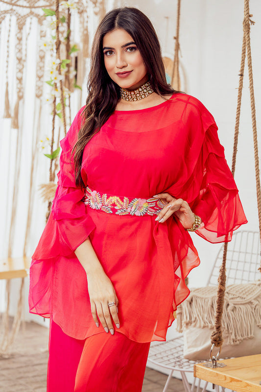 Red Ombre Cape Top With Embellished Belt And Wide Leg Pants (7765865201910)