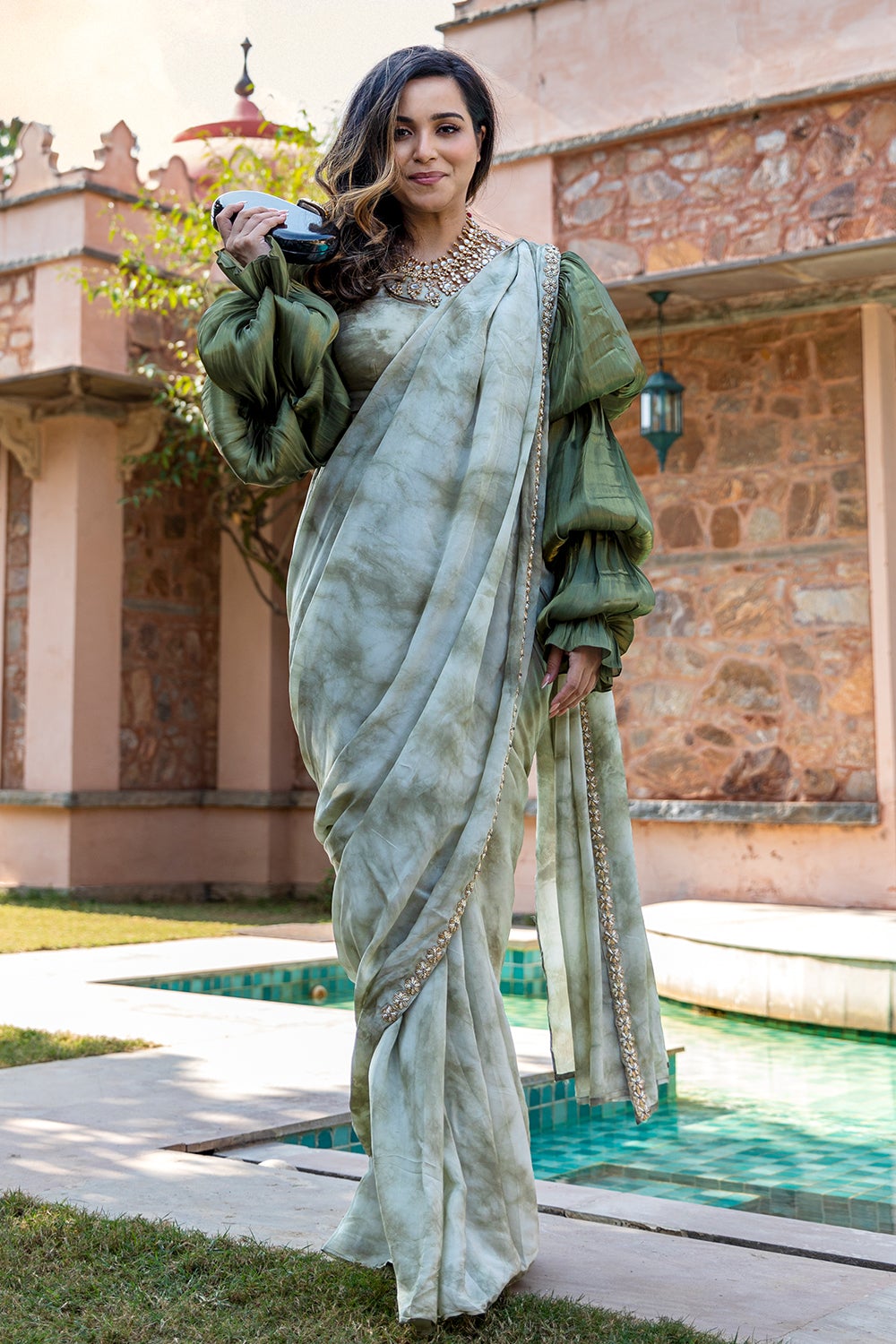 Green Tie Dye Ready To Wear Saree (7520415088886) (7534747713782)