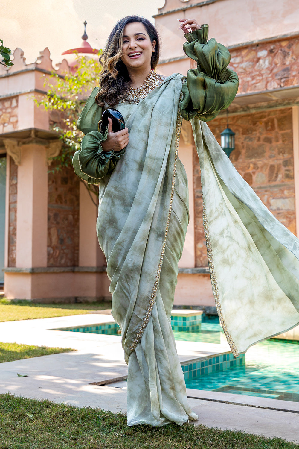 Green Tie Dye Ready To Wear Saree (7520415088886)