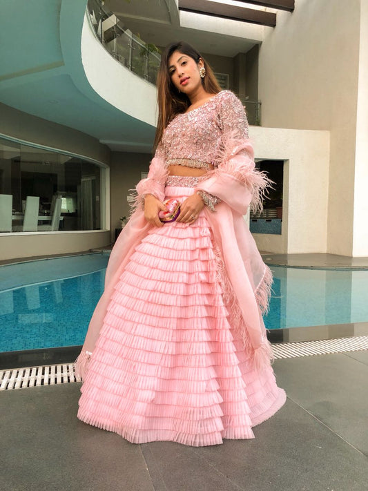 Pink fringed feather lehenga (7535584674038)