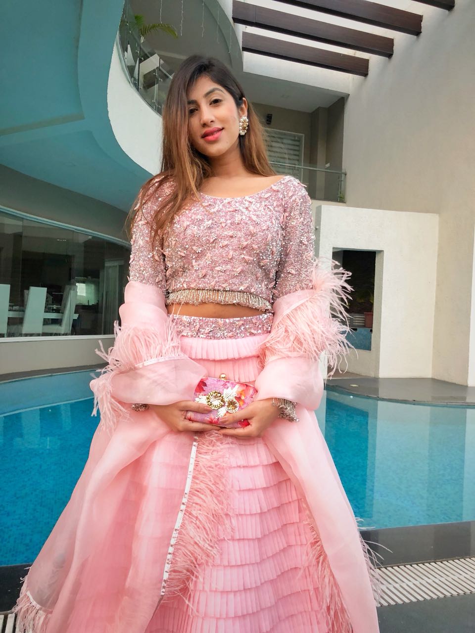 Pink fringed feather lehenga (7535584674038)