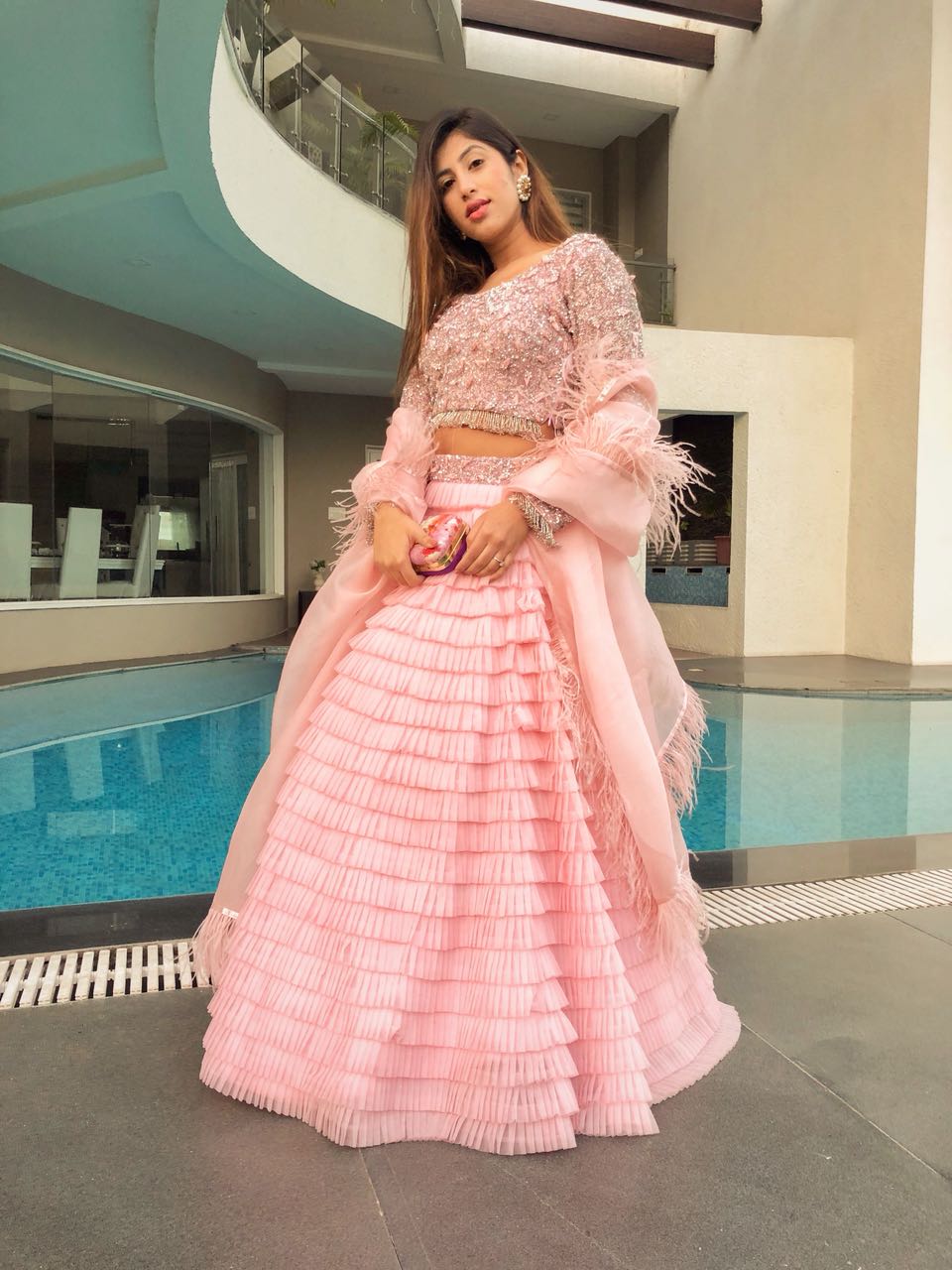 Pink fringed feather lehenga (7535584674038)